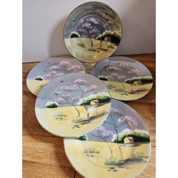 5- Pastel Lustreware Handpainted in Japan 7" Vintage Lunch Plates - Picture 2 of 13